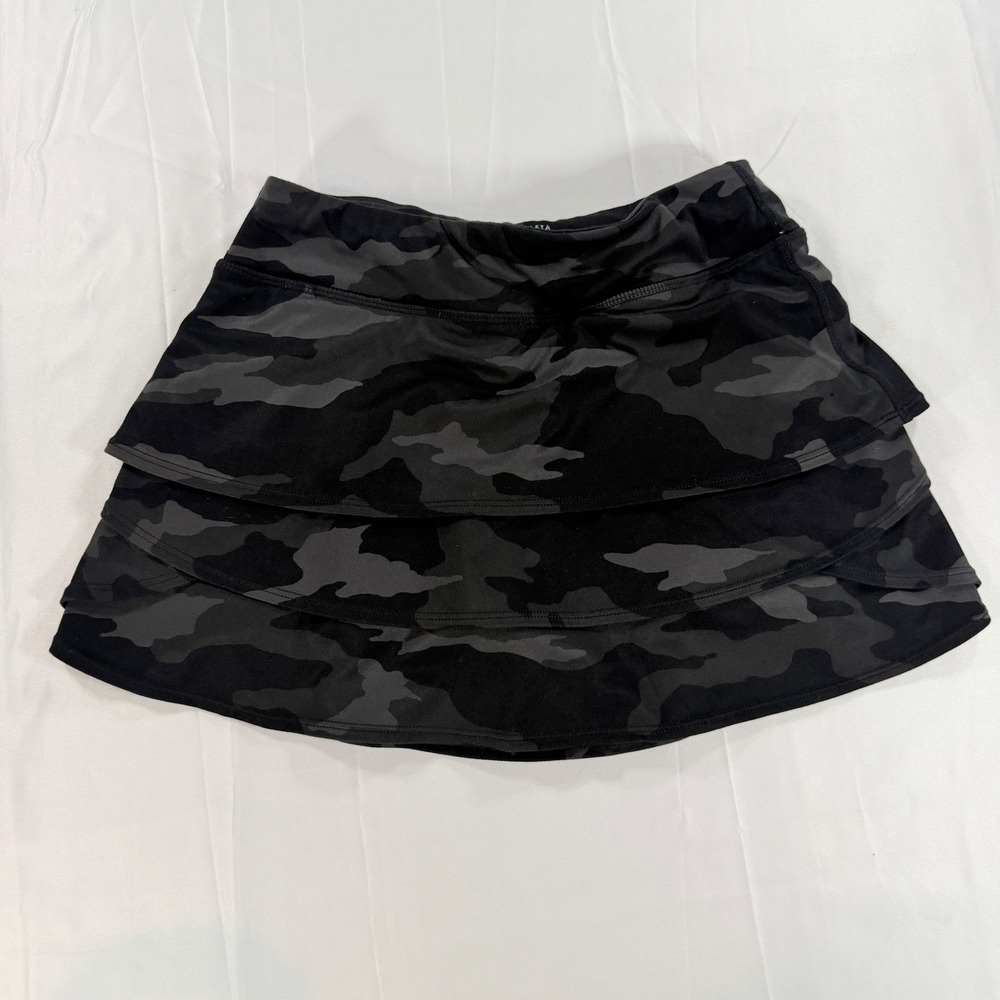 Athleta Girl Camo Lux Swing Skort Kids Size 7 Black Gray Tiered Active Skirt